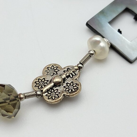 Premier Designs Black And Silver Pearl And Mop Geometric Link  Necklace 33" - Picture 3 of 8